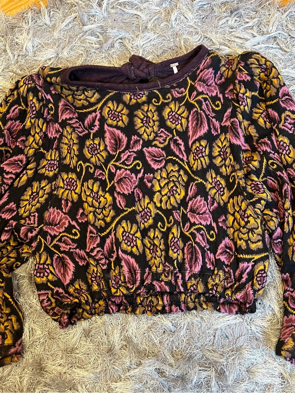 Free People Black Cropped Floral Knit Top with Pink & Gold Floral Jacquard